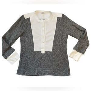 J. Crew White and Heathered Grey Cotton Partial Button Down Sweater